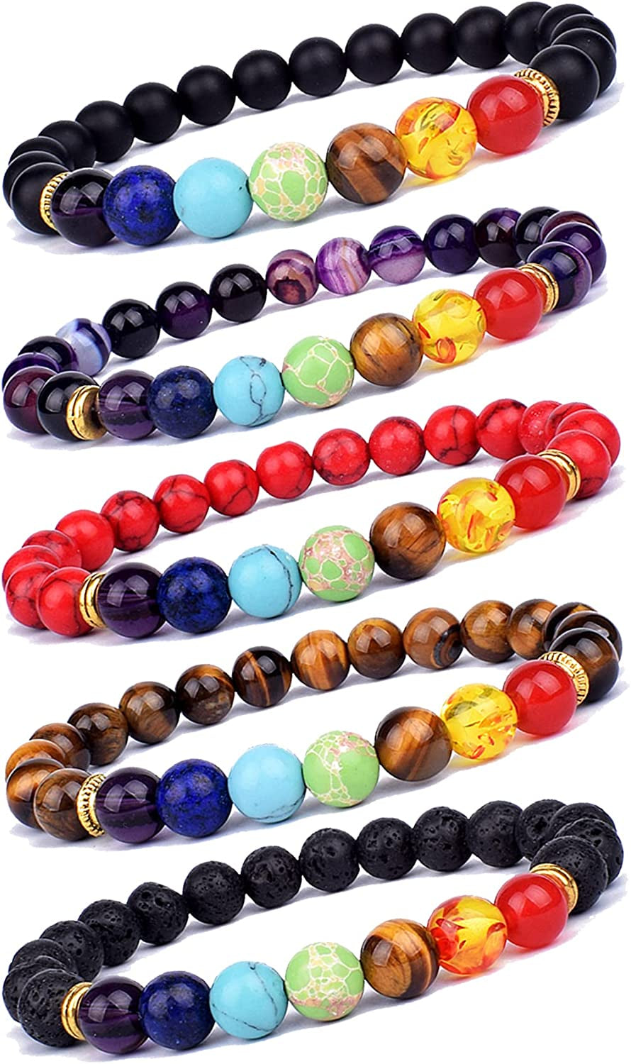 Svovin 1-14 Pcs Lava Rock 7 Chakra Energy Oil Diffuser Bracelet Set for Women Men Unisex Elastic 8Mm Stone Yoga Beaded Bracelets Jewelry with Lucky Healing Apparel & Accessories > Jewelry > Bracelets Svovin B:5Pcs  