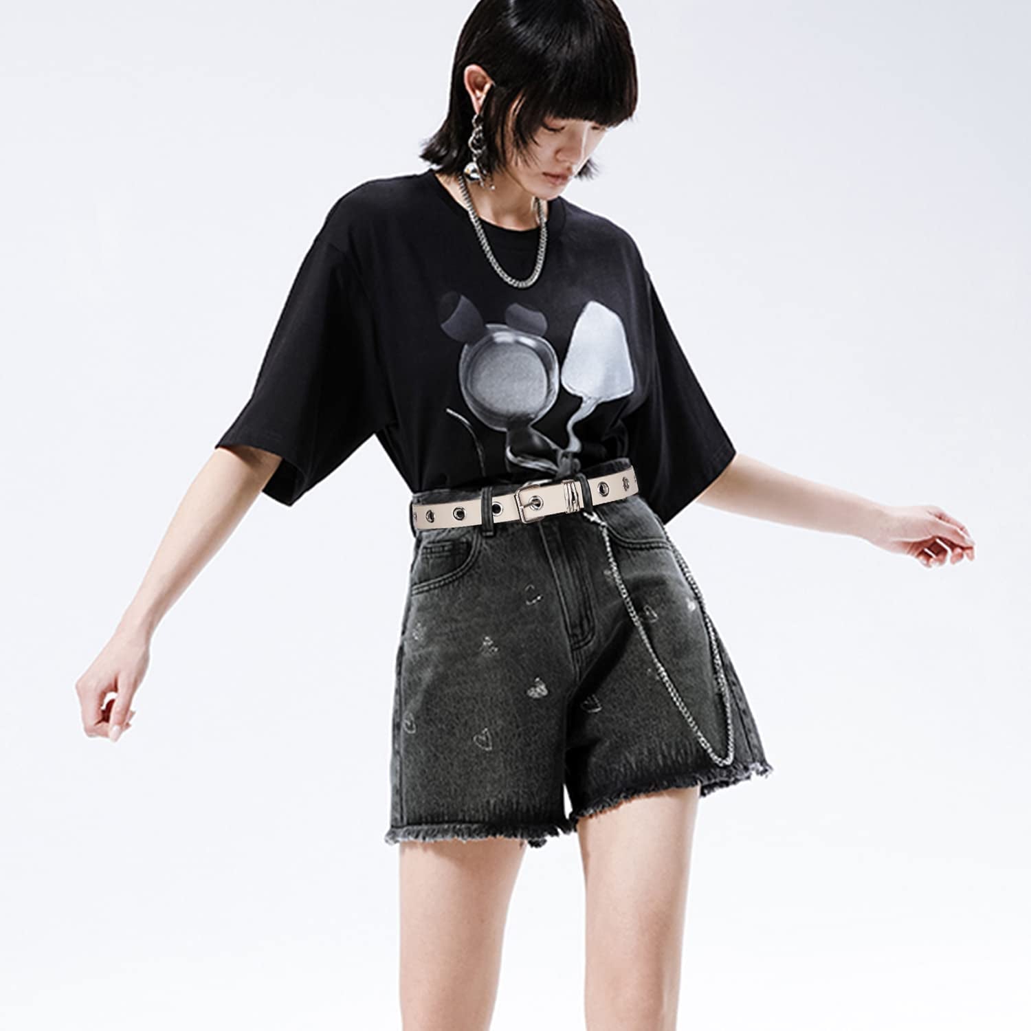 FIORETTO Grommet Leather Belt with Detachable Chain Women Men Punk Rock Waist Belts for Jeans Pants Apparel & Accessories > Clothing Accessories > Belts FIORETTO   