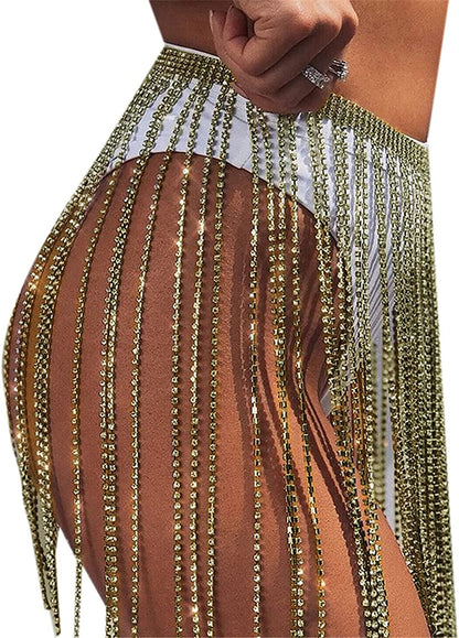 RARITYUS Women Sexy Rave Glitter Rhinestone Tassel Body Chains Skirt Waist Belt Jewelry for Party Festival Dance Nightclub Apparel & Accessories > Jewelry > Body Jewelry RARITYUS   