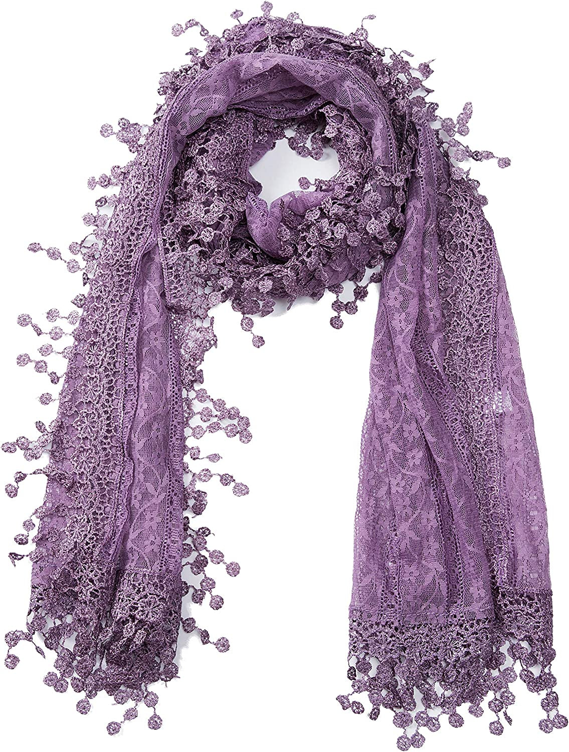 Women'S Lightweight Feminine Lace Teardrop Fringe Lace Scarf Vintage Scarf Mesh Crochet Tassel Cotton Scarf for Women Apparel & Accessories > Clothing Accessories > Scarves & Shawls Tan's Purple With Fringes  