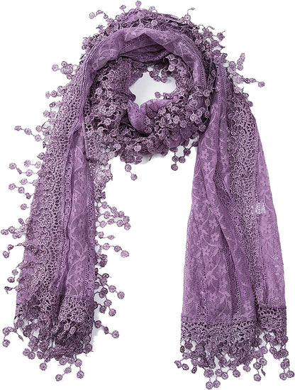 Women'S Lightweight Feminine Lace Teardrop Fringe Lace Scarf Vintage Scarf Mesh Crochet Tassel Cotton Scarf for Women Apparel & Accessories > Clothing Accessories > Scarves & Shawls Tan's Purple With Fringes  
