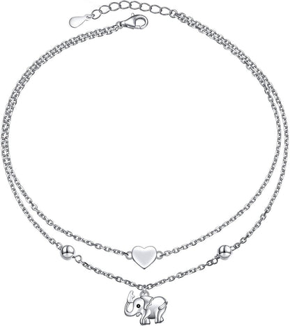Flyow Anklet for Women S925 Sterling Silver Adjustable Foot Beaded Heart Charm Ankle Bracelet Anklets Jewelry Apparel & Accessories > Jewelry > Anklets FLYOW Elephant and heart  
