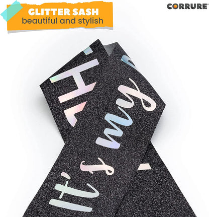 CORRURE 'It'S My Birthday' Sash Glitter with Multicolor Foil - Black Glitter Happy Birthday Sash for Women - Party Favors Supplies and Decorations for Sweet 16, 18Th 21St 30Th 40Th or Any Bday Party Apparel & Accessories > Clothing Accessories > Sashes CORRURE   