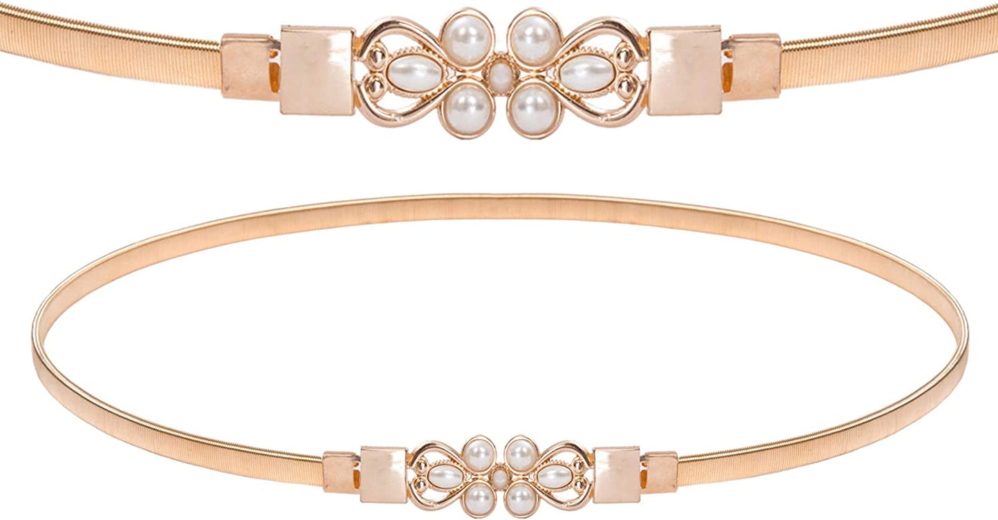 GRACE KARIN Women Skinny Metal Cinch Belt Gold Waistband Elastic Waist Belt CL633 Apparel & Accessories > Clothing Accessories > Belts GRACE KARIN Gold-pearl Medium 