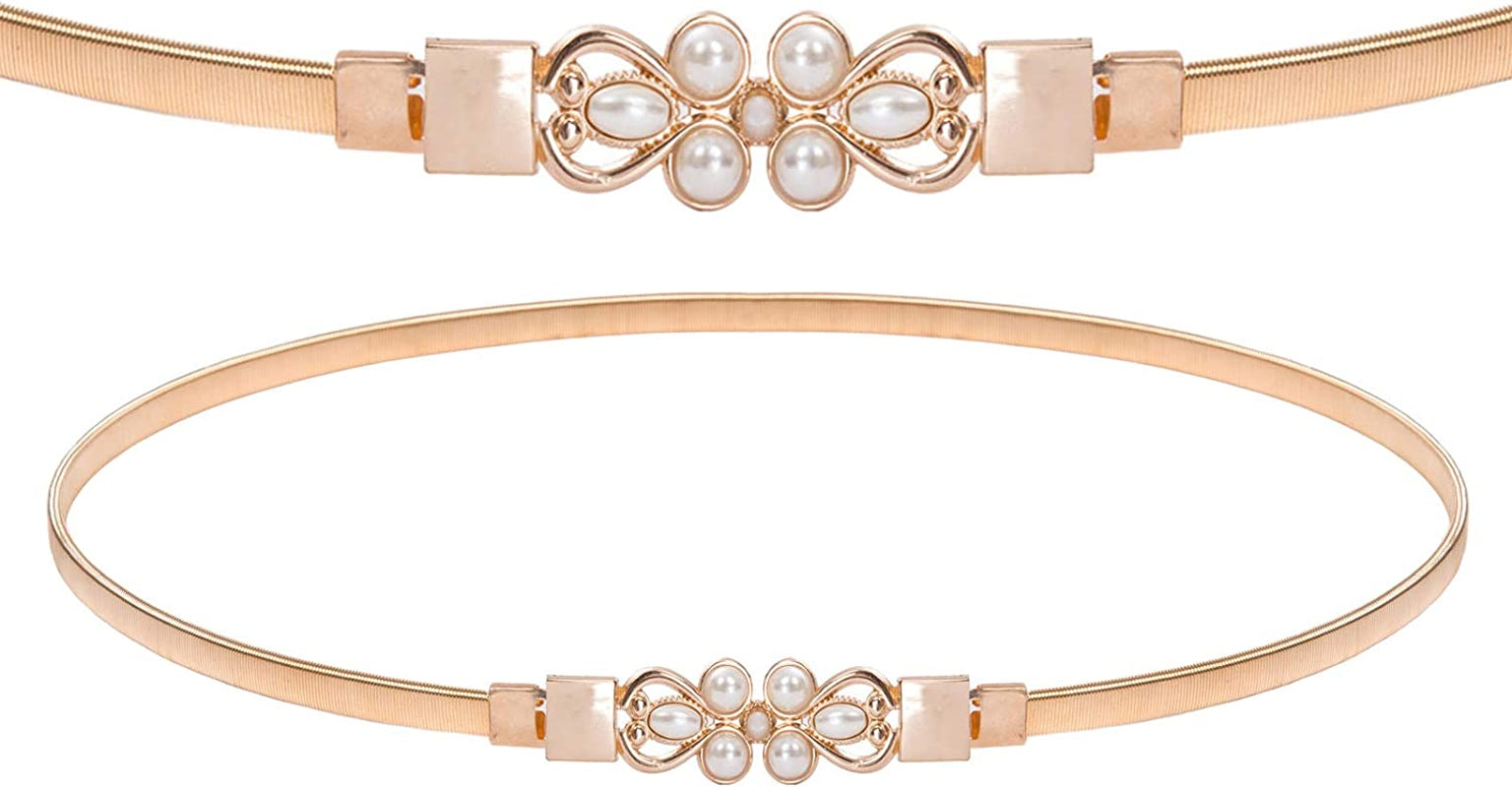 GRACE KARIN Women Skinny Metal Cinch Belt Gold Waistband Elastic Waist Belt CL633 Apparel & Accessories > Clothing Accessories > Belts GRACE KARIN Gold-pearl Medium 