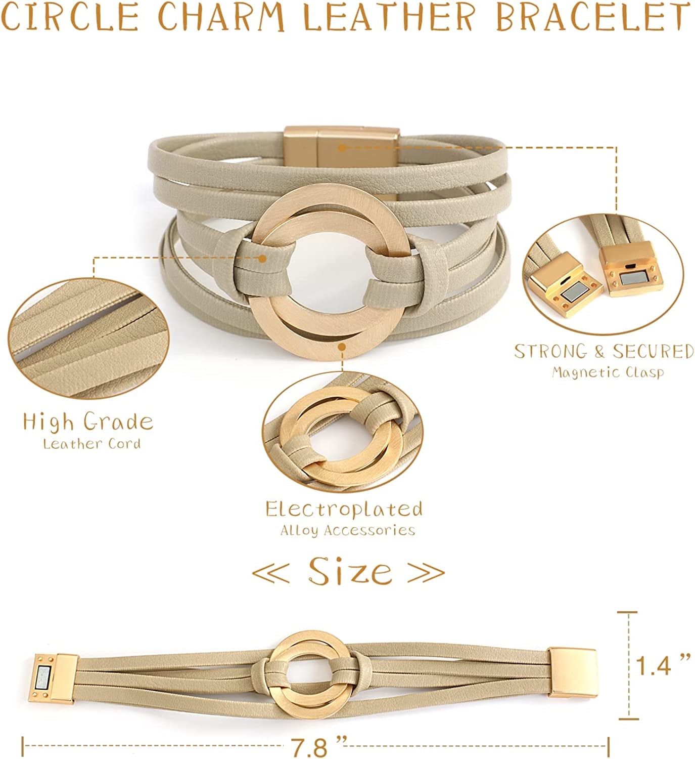 Circle Charm Bracelets for Women Handmade Coffee Leather Wrap Bracelets for Women Teen Girls Bohemian Couples Friendship Bracelet Cuff Bangle with Magnetic Clasp Boho Jewelry Gift for Sisters, Wife and Mother Apparel & Accessories > Jewelry > Bracelets hotoo   