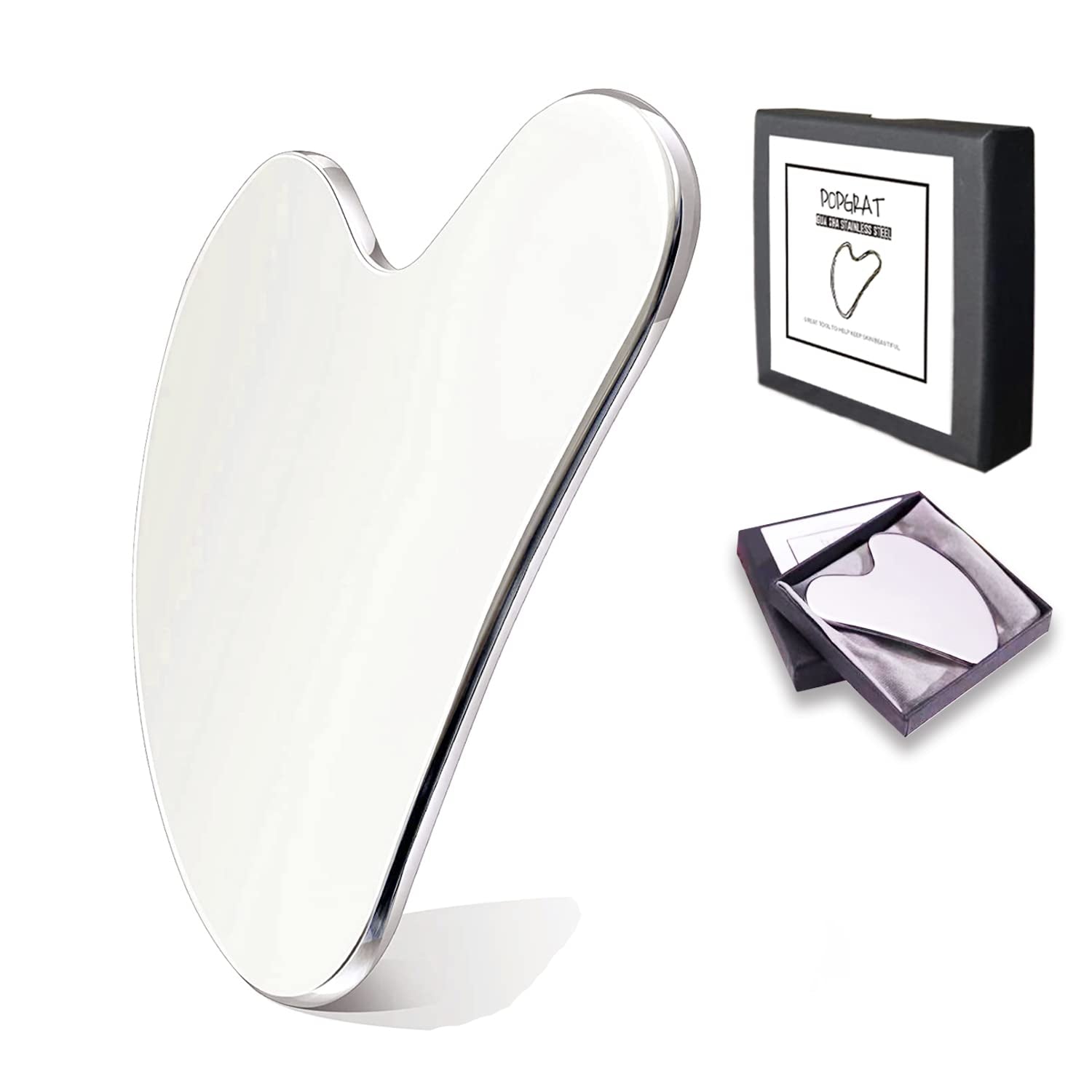 POPGRAT Stainless Steel Gua Sha Tools for Face, Metal Guasha Board Facial Tool Lymphatic Drainage Skin Care Massager for Body Eyes Neck with Gift Box Health & Beauty > Personal Care > Cosmetics > Cosmetic Tools > Skin Care Tools POPGRAT A Silver  