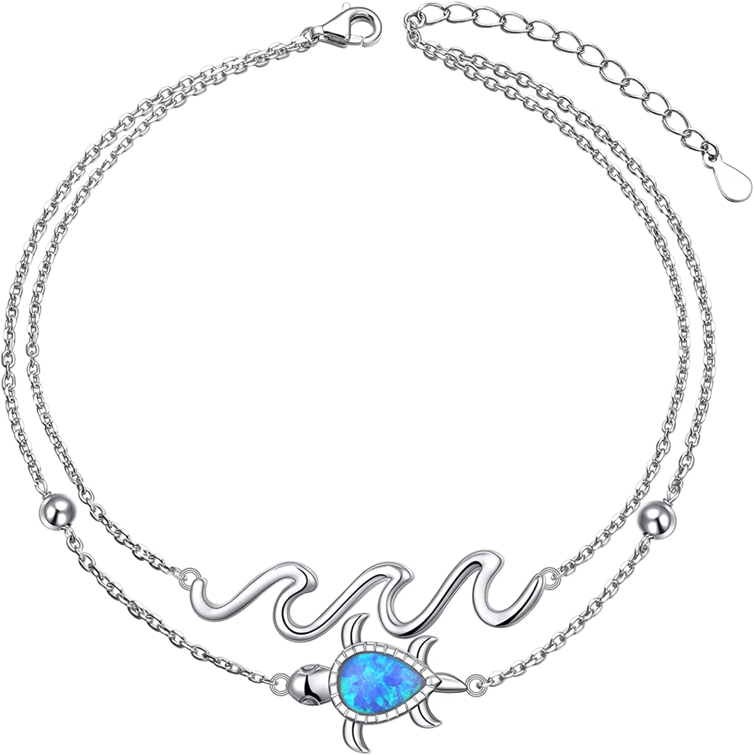 Flyow Anklet for Women S925 Sterling Silver Adjustable Foot Beaded Heart Charm Ankle Bracelet Anklets Jewelry Apparel & Accessories > Jewelry > Anklets FLYOW Wave opal turtle  