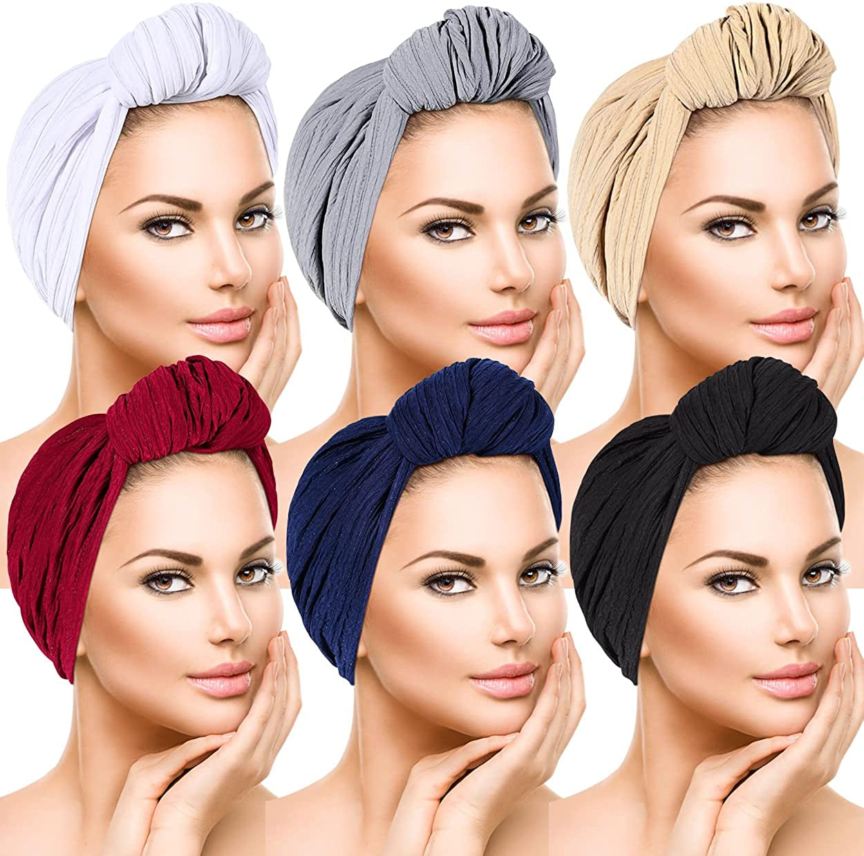 Women Turbans and Head Wraps,Skull-Caps,African Turban Flower Knot Pre-Tied Bonnet Beanie Cap for Women Apparel & Accessories > Clothing Accessories > Headwear DANMY Gray/Khaki/Navy/Black/Red/White -6pcs Large 