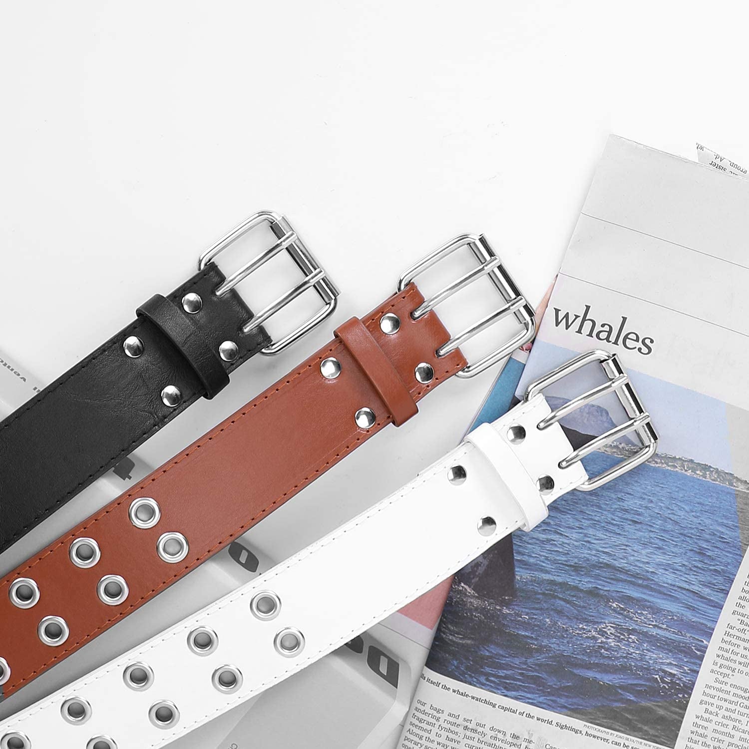 Double Grommet PU Leather Belt for Women/Men Punk Metal Jean Belt Wide 1.5 Inch Apparel & Accessories > Clothing Accessories > Belts XZQTIVE   