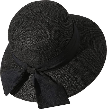 Lanzom Summer Sun Hats for Women Lady Wide Brim Straw Hat Beach Hat UPF Foldable Packable Cap for Travel Outdoor Apparel & Accessories > Clothing Accessories > Hats Lanzom Black Large 