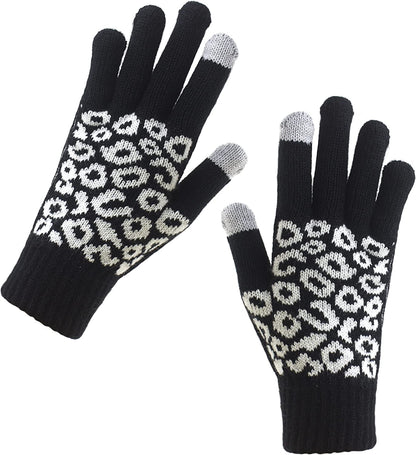 Women Winter Warm Touch Screen Gloves Knitted Soft Elastic Thick Gloves for Clod Weather Apparel & Accessories > Clothing Accessories > Gloves & Mittens Muryobao Leopard Black  