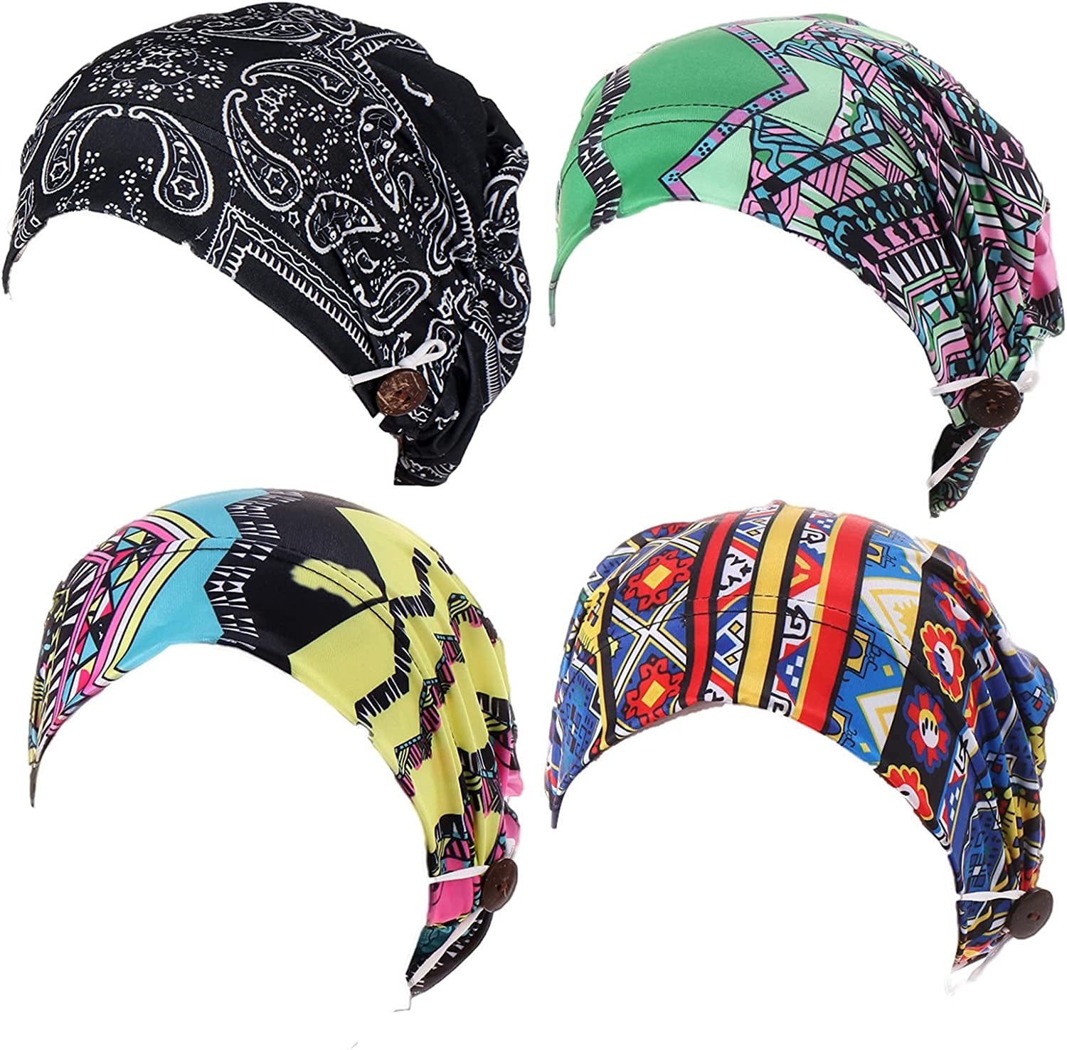 Qianmome 2-4 Pack Beanie with Button for Women Men Nurse,Working Hat,Chemo Caps for Cancer Patients Apparel & Accessories > Clothing Accessories > Headwear Qianmome 1b10-black&green&yellow&red  