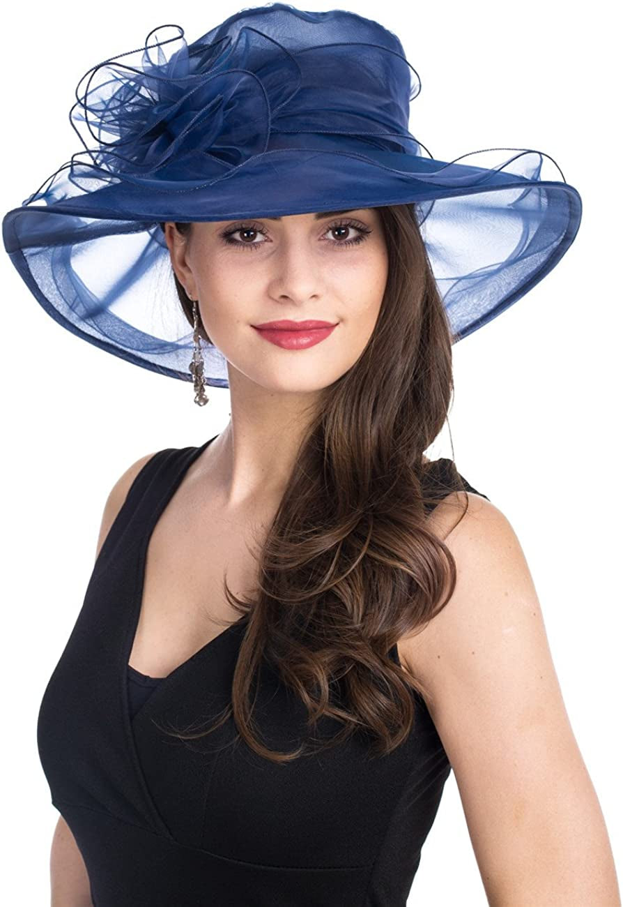 Lucky Leaf Women Kentucky Derby Church Cap Wide Brim Summer Sun Hat for Party Wedding Apparel & Accessories > Clothing Accessories > Headwear Lucky Leaf Navy  