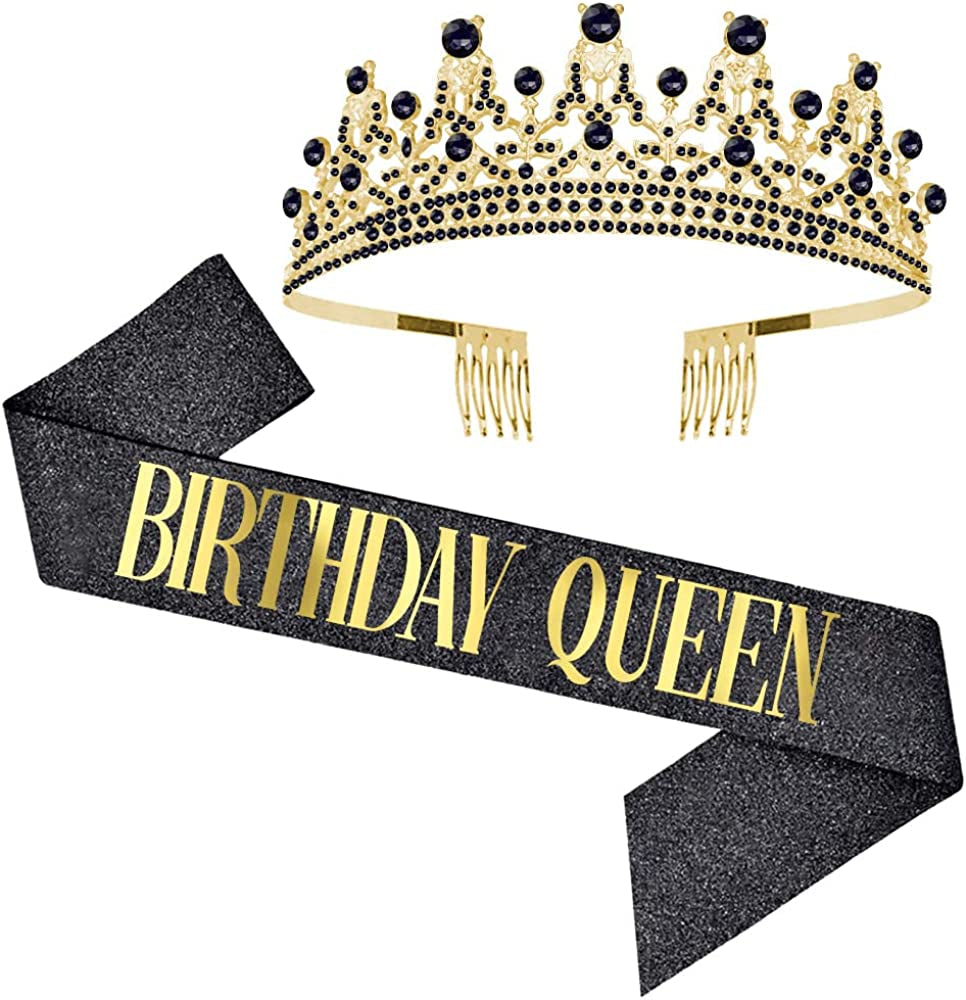 LATFZ Birthday Bitch Sash & Crown Tiara Kit - Black Glitter Birthday Sash Birthday Gifts for Women Birthday Party Supplies Apparel & Accessories > Clothing Accessories > Sashes LATFZ New Birhtday Queen,black  