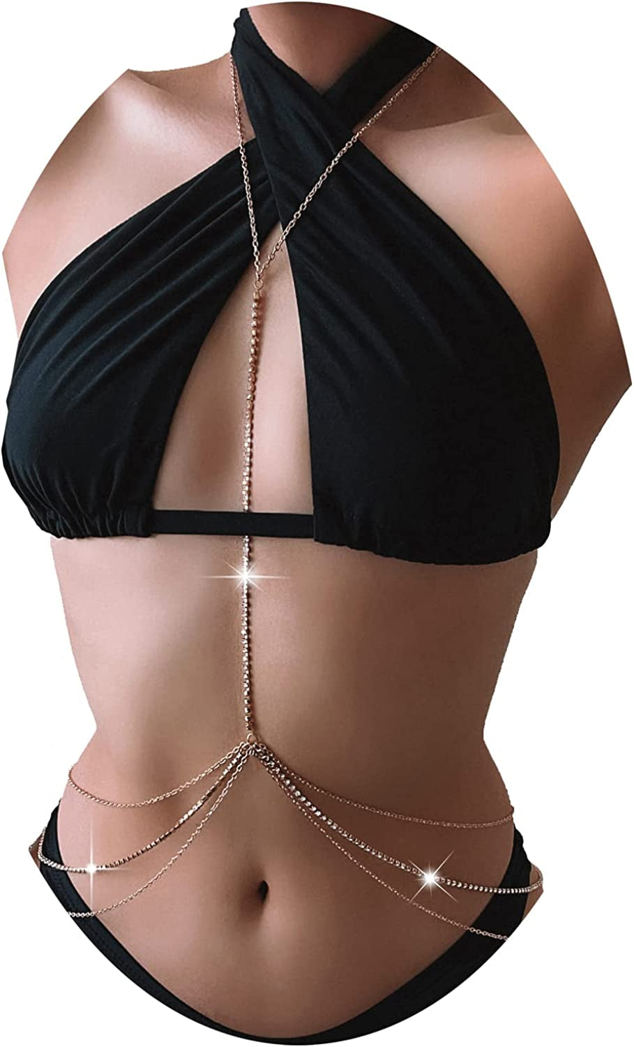 Rhinestone Body Chains Jewelry for Women and Girls Sexy Belly Waist Chain Bikini Beach Accessories Apparel & Accessories > Jewelry > Body Jewelry FNQUFUJ Gold color  