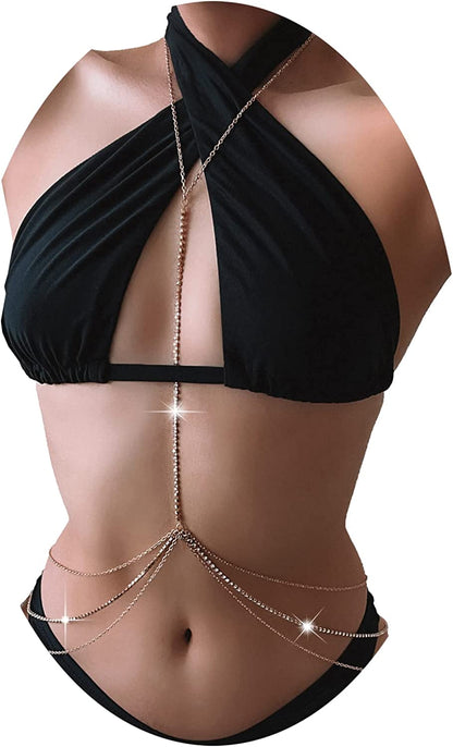 Rhinestone Body Chains Jewelry for Women and Girls Sexy Belly Waist Chain Bikini Beach Accessories Apparel & Accessories > Jewelry > Body Jewelry FNQUFUJ Gold color  