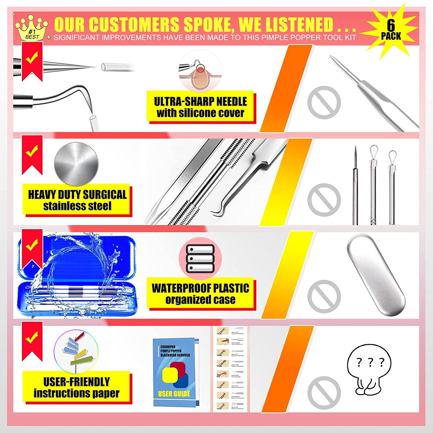 Blackhead Remover Tools, Pimple Popper Tool Kit, 6 Pack Professional Comedones Extractor Acne Removal Kit for Blemishs, Whitehead Popping, Zit Removing for Nose Face - with Organized Case Health & Beauty > Personal Care > Cosmetics > Cosmetic Tools > Skin Care Tools Cbiumpro USA Co.,Ltd   