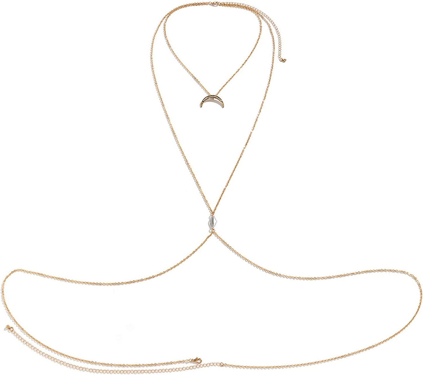 Body Chains for Women Sexy Skinny Crossover Full Body Jewelry for Bikini Swimsuit Wedding Dress Necklace and Belly Chain Set Apparel & Accessories > Jewelry > Body Jewelry Tosmifairy Gold-Rhinestones Moon  