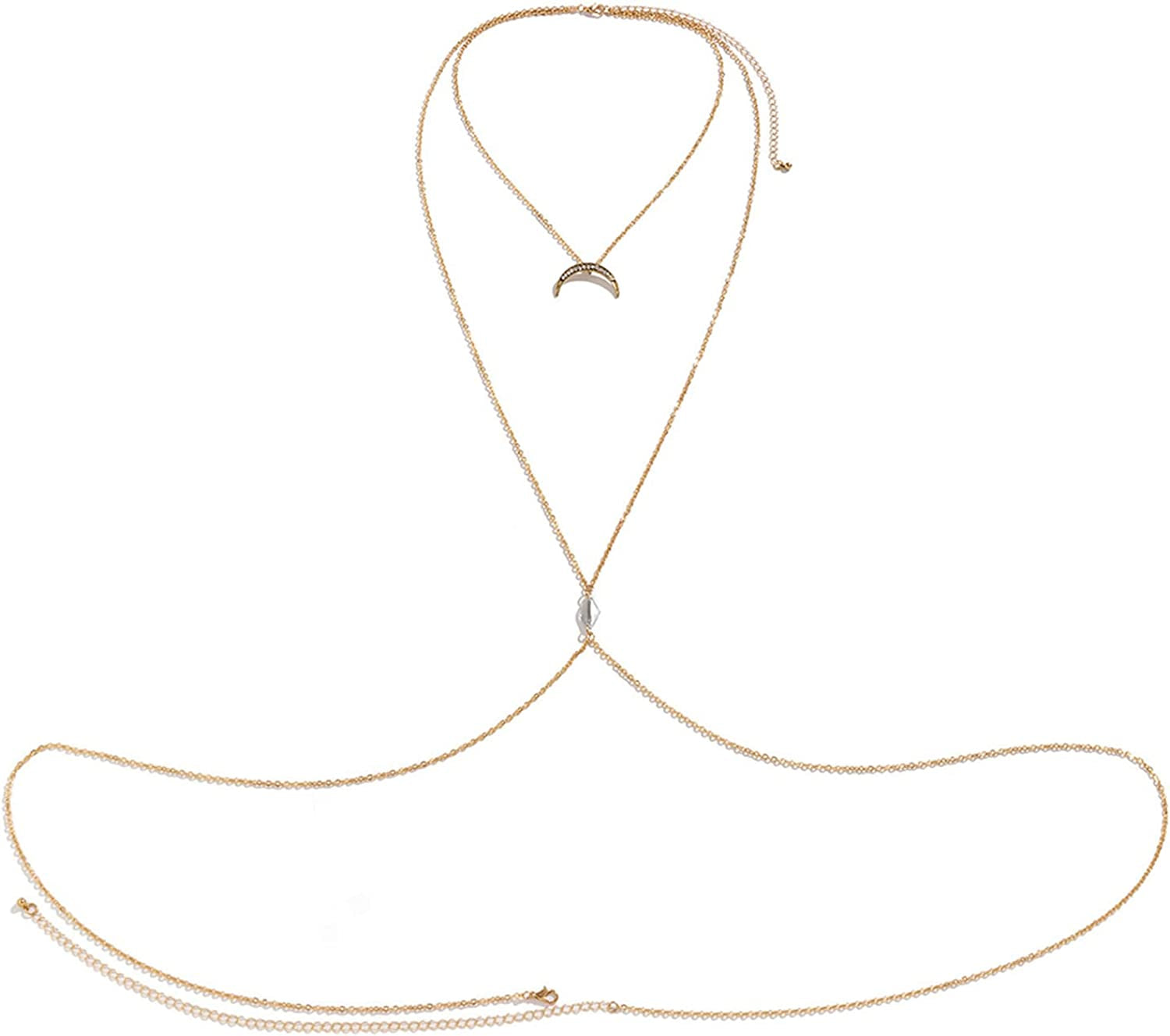Body Chains for Women Sexy Skinny Crossover Full Body Jewelry for Bikini Swimsuit Wedding Dress Necklace and Belly Chain Set Apparel & Accessories > Jewelry > Body Jewelry Tosmifairy Gold-Rhinestones Moon  
