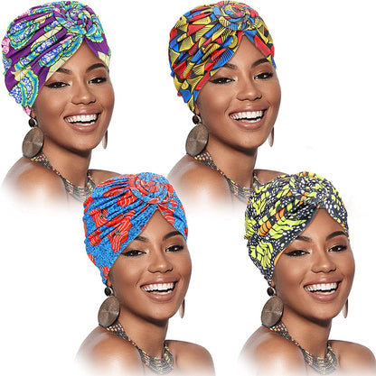 SATINIOR 4 Pieces African Pattern Headwrap Pre-Tied Bonnet Turban Knot Beanie Cap Headwrap Hat Apparel & Accessories > Clothing Accessories > Headwear SATINIOR Pumpkin Flower Style  