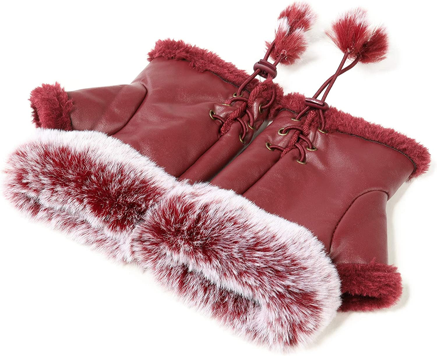 Winter Fingerless Gloves Cute Typing Gloves Fuzzy Furry Leather Mittens Faux Fur Lined Gloves Warm Hands Warmer Gloves Women Apparel & Accessories > Clothing Accessories > Gloves & Mittens Fur Story Big Red  