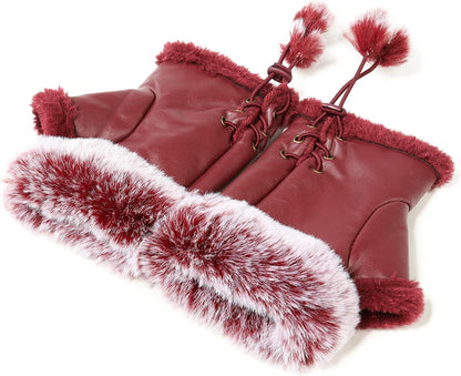 Winter Fingerless Gloves Cute Typing Gloves Fuzzy Furry Leather Mittens Faux Fur Lined Gloves Warm Hands Warmer Gloves Women Apparel & Accessories > Clothing Accessories > Gloves & Mittens Fur Story Big Red  