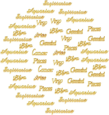 48 Pieces Zodiac Word Message Charm Pendant Twelve Constellation Charm Alloy Flatback Epoxy Resin Supplies Filling Charm DIY Embellishment Jewelry Making Accessory, 12 Styles Gold
