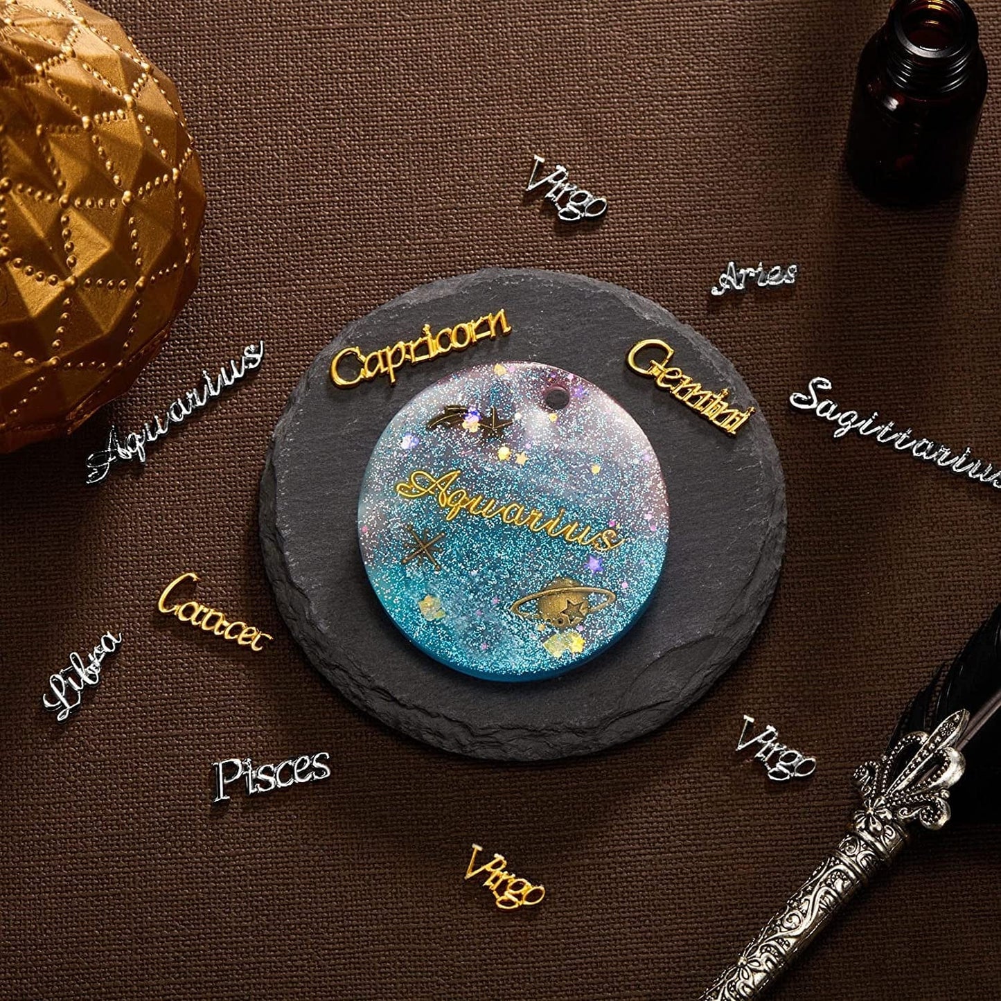 48 Pieces Zodiac Word Message Charm Pendant Twelve Constellation Charm Alloy Flatback Epoxy Resin Supplies Filling Charm DIY Embellishment Jewelry Making Accessory, 12 Styles