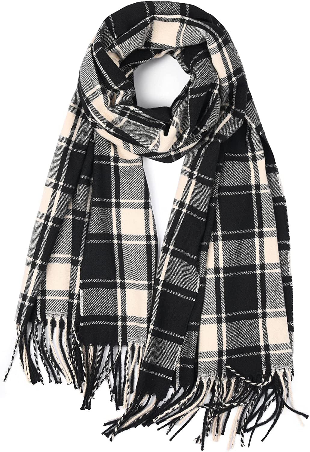 Winter Scarf for Women Shawl Cashmere Feel Tassel Plaid Large Oversized Scarves Wraps Apparel & Accessories > Clothing Accessories > Scarves & Shawls KYLIE MAX Cream Black Grey  