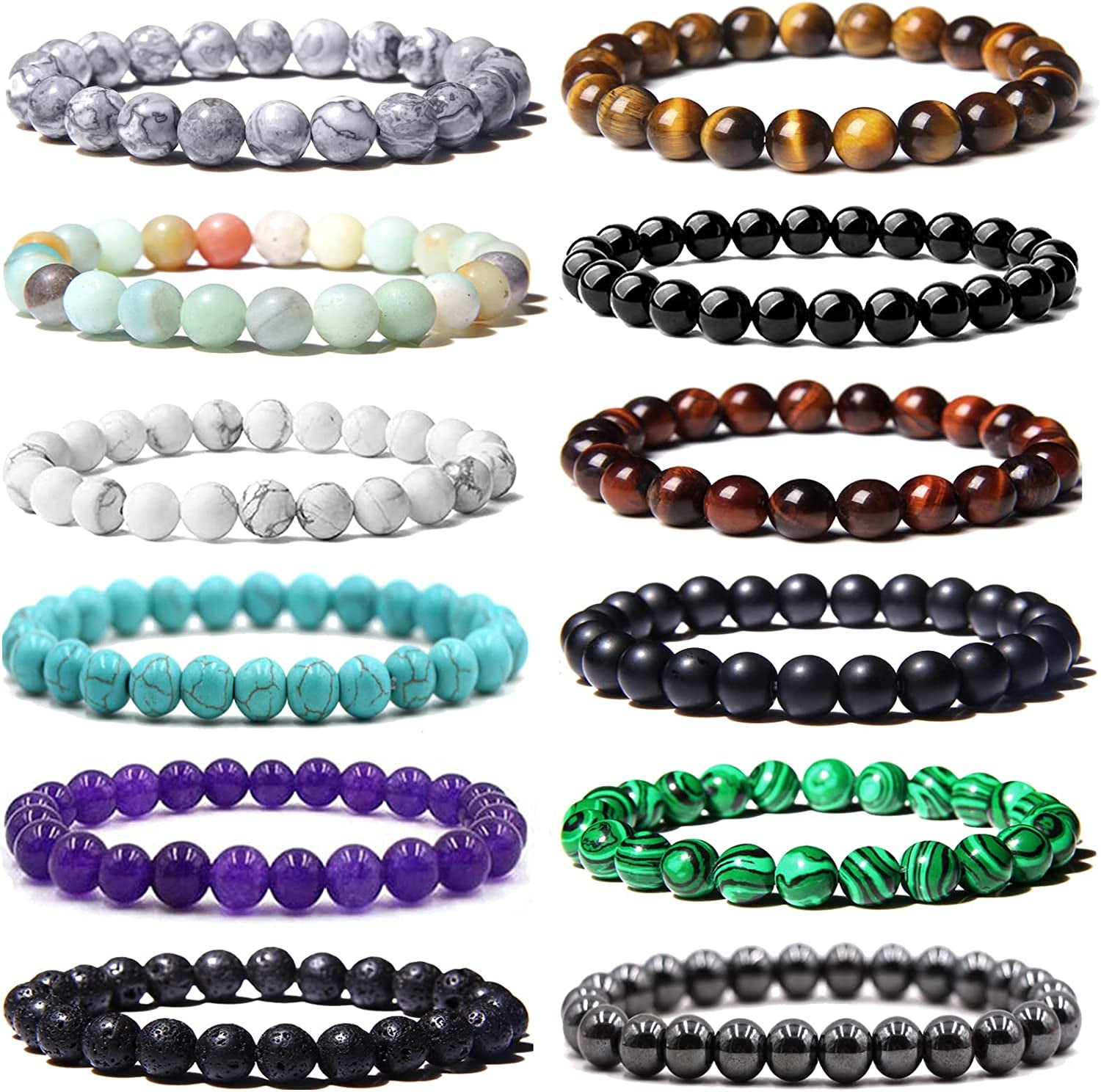 JEWPARK 12PCS 8Mm Semi-Precious Gemstone Bracelet Set Healing Crystal Stone Stretch Bracelets for Men Women round Beaded Elastic Bracelets Apparel & Accessories > Jewelry > Bracelets JEWPARK   