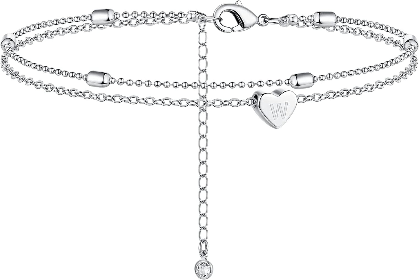 Moodear Silver Ankle Bracelets for Women, Sterling Silver Initial Anklet Layered Dainty Tiny Heart Charm Handmade Carved Alphabet A-Z Letter Ankle Bracelet Beaded Foot Chain Personalized Name Anklets Summer Cute Boho Beach Gift for Her Apparel & Accessories > Jewelry > Anklets Moodear Sterling Silver-W  