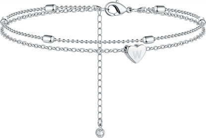 Moodear Silver Ankle Bracelets for Women, Sterling Silver Initial Anklet Layered Dainty Tiny Heart Charm Handmade Carved Alphabet A-Z Letter Ankle Bracelet Beaded Foot Chain Personalized Name Anklets Summer Cute Boho Beach Gift for Her Apparel & Accessories > Jewelry > Anklets Moodear Sterling Silver-W  