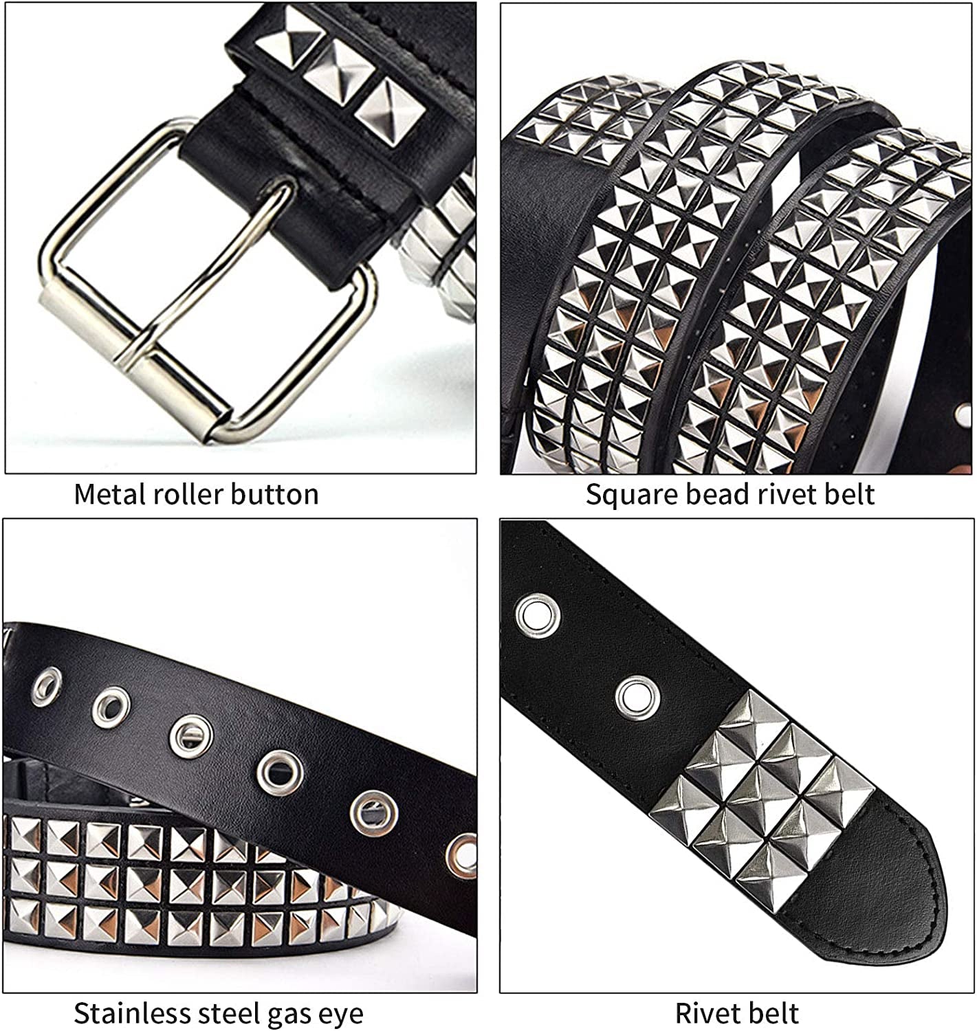 Three Row Punk Studded Belt, Black Belt Metal Pyramid Belt Gothic Rivet for Jeans Pants Apparel & Accessories > Clothing Accessories > Belts DCEVERTTO   