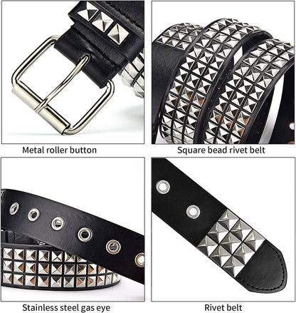 Three Row Punk Studded Belt, Black Belt Metal Pyramid Belt Gothic Rivet for Jeans Pants Apparel & Accessories > Clothing Accessories > Belts DCEVERTTO   