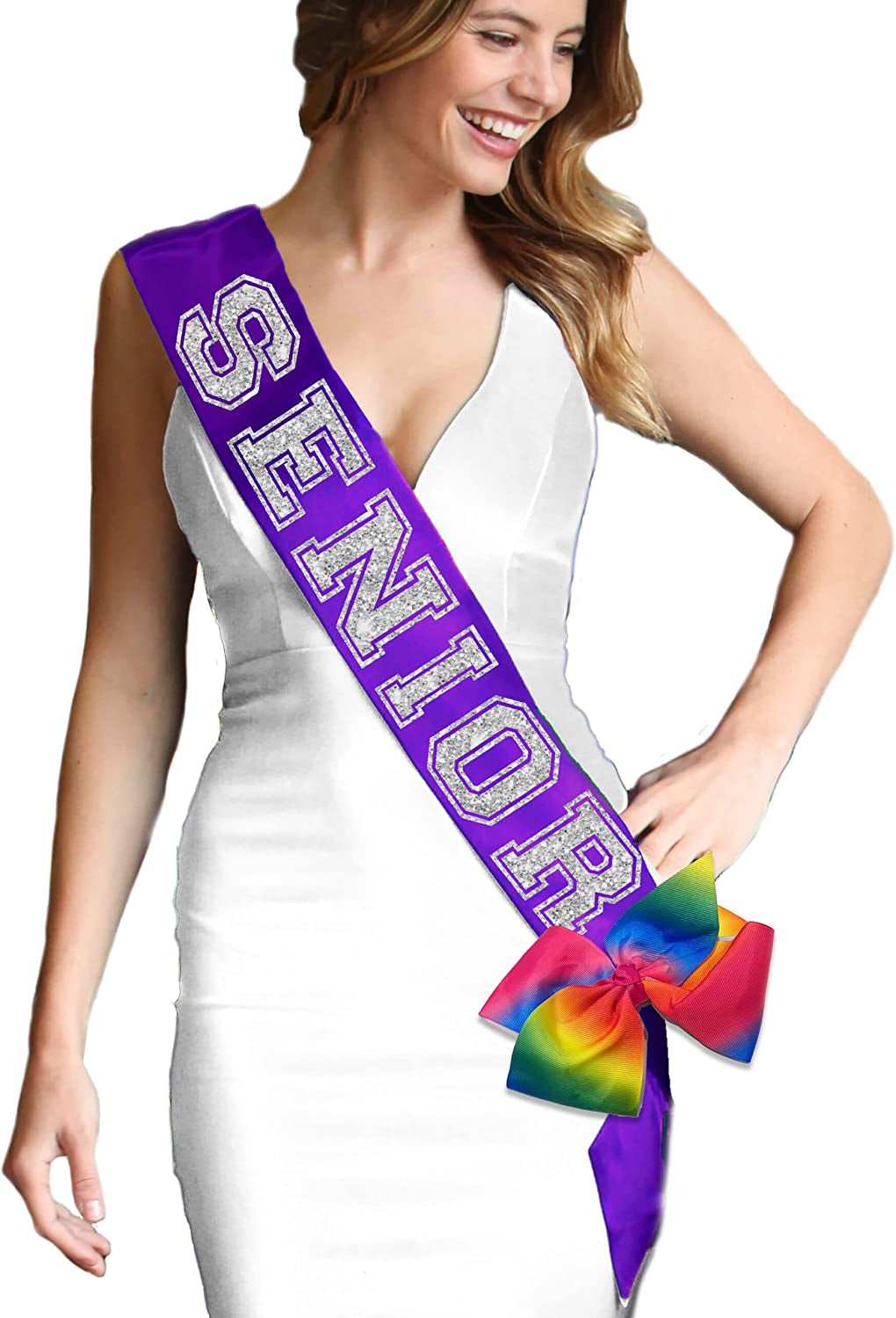 Rhinestonesash Senior Silver Glitter Purple Premium Quality Purple Satin Sash - Senior Night Supplies and Gifts - Purple Sash(Senior) Pur Apparel & Accessories > Clothing Accessories > Sashes RhinestoneSash Purple Senior (Rainbow Pride Bow)  