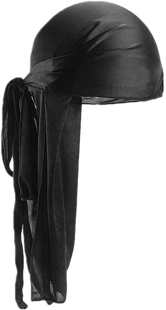Fxhixiy Men Women Durag Extra Long-Tail Headwraps Silky Satin Pirate Cap Bandana Hat for 360 Waves Apparel & Accessories > Clothing Accessories > Bandanas & Headties Fxhixiy Black  