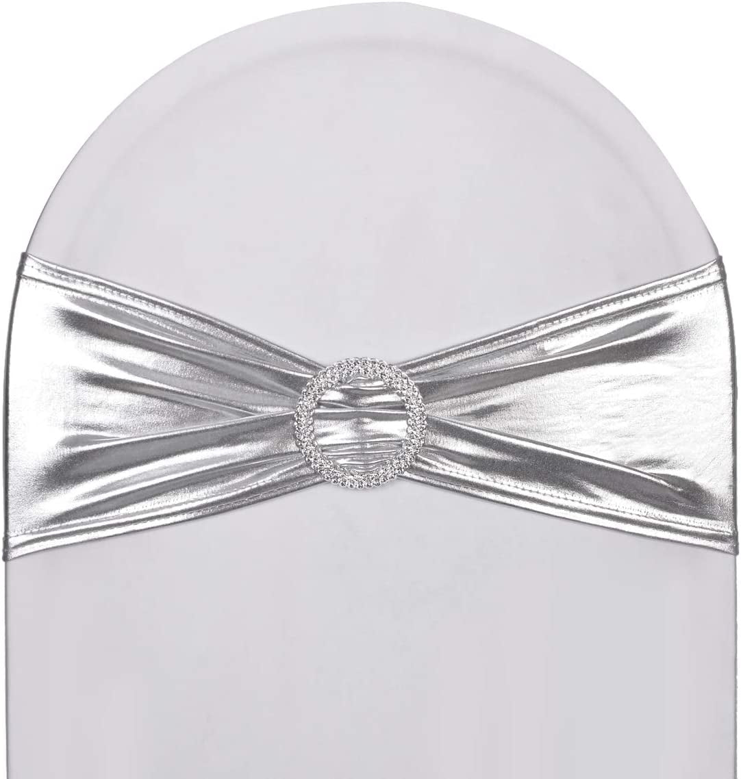Sweeteasy 50Pcs Metallic Silver Spandex Chair Sashes, Durable Workmanship,Stretch Bows with Buckle Stretchable for Christmas Wedding Party Banquet Event Baby Shower Birthday Celebration Decoration Apparel & Accessories > Clothing Accessories > Sashes SweetEasy Metallic Silver 10PCS 