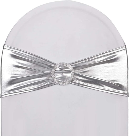 Sweeteasy 50Pcs Metallic Silver Spandex Chair Sashes, Durable Workmanship,Stretch Bows with Buckle Stretchable for Christmas Wedding Party Banquet Event Baby Shower Birthday Celebration Decoration Apparel & Accessories > Clothing Accessories > Sashes SweetEasy Metallic Silver 10PCS 