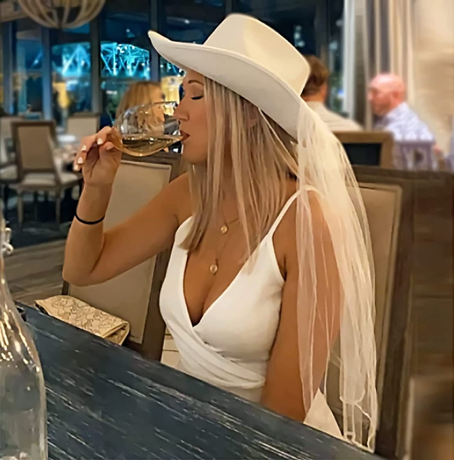 Bride Cowgirl Hat with Veil & Bachelorette Sash - White Cowboy Hat for Bachelorette Party by 4E'S Novelty Apparel & Accessories > Clothing Accessories > Sashes 4E's Novelty   