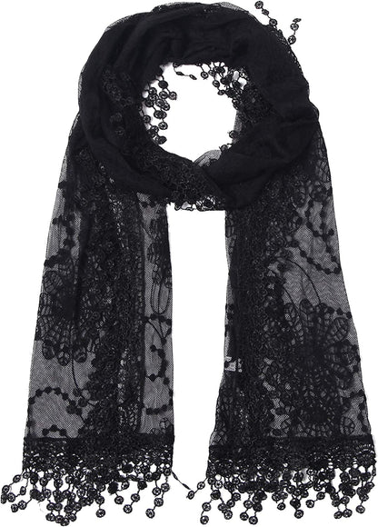 Cindy and Wendy Lightweight Soft Leaf Lace Fringes Scarf Shawl for Women Apparel & Accessories > Clothing Accessories > Scarves & Shawls Cindy and Wendy Tyh-black  