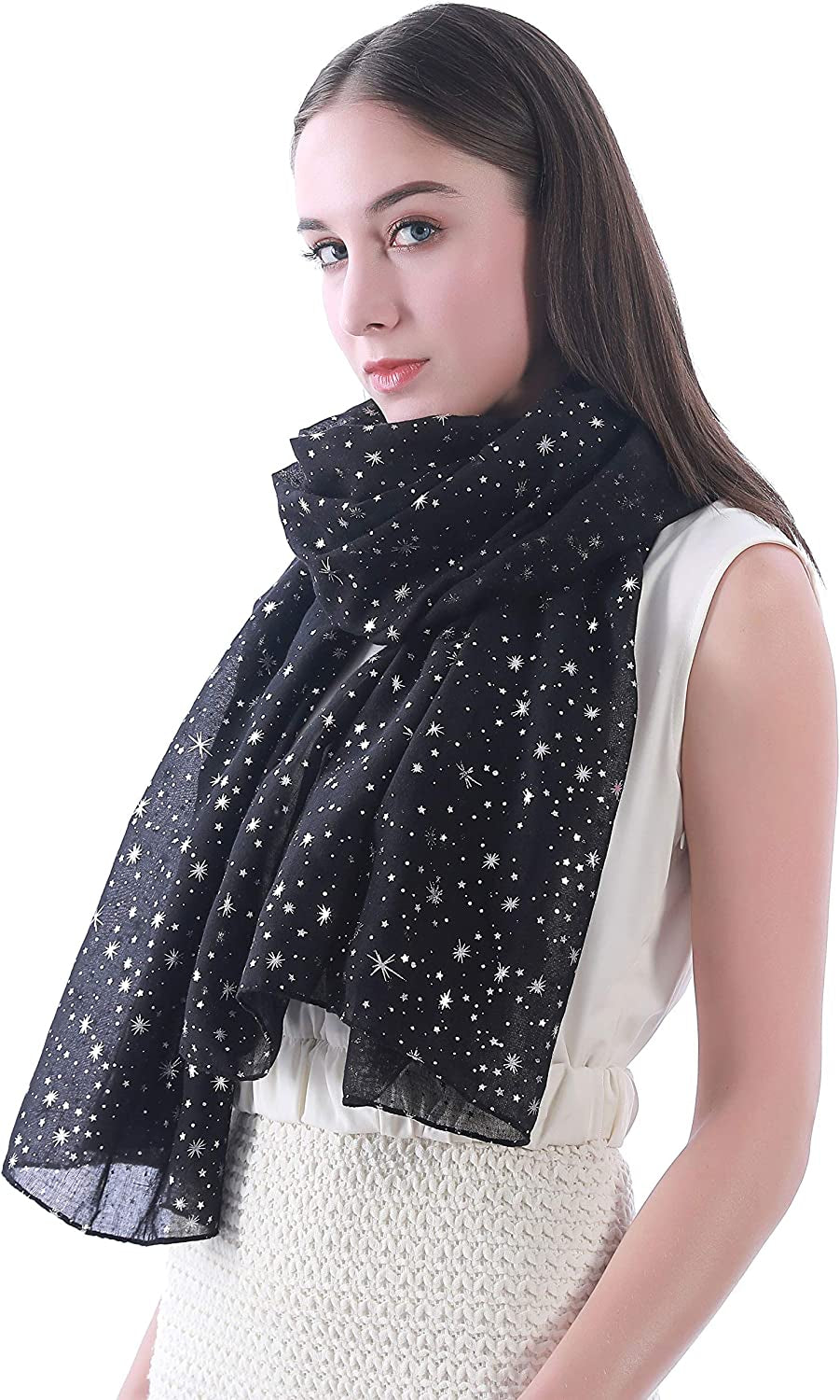 Lina & Lily Silver Gold Glitters Shimmer Foil Stars Women Scarf Shawl Wrap Apparel & Accessories > Clothing Accessories > Scarves & Shawls Lina & Lily   
