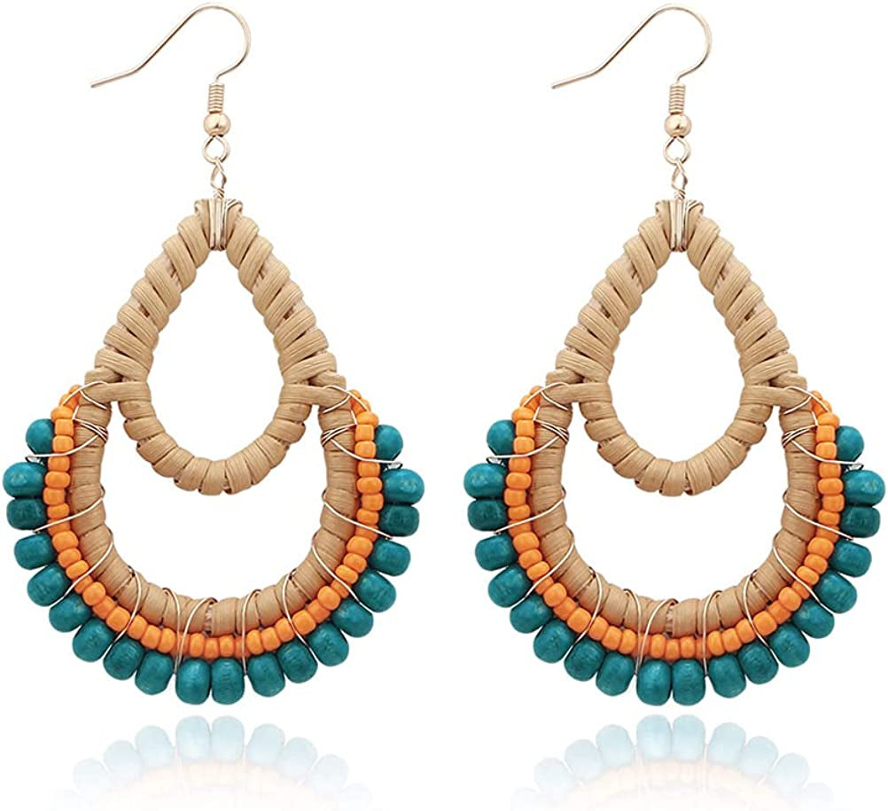 Bohemian Rattan Wooden Beads Fish Hook Circle/Teardrop Earrings Dangle Drop Jewelry for Women Girls Apparel & Accessories > Jewelry > Earrings VEETOO Blue  