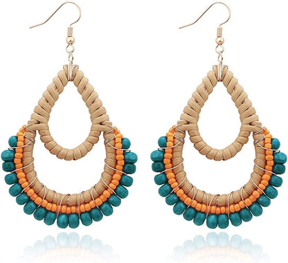 Bohemian Rattan Wooden Beads Fish Hook Circle/Teardrop Earrings Dangle Drop Jewelry for Women Girls Apparel & Accessories > Jewelry > Earrings VEETOO Blue  