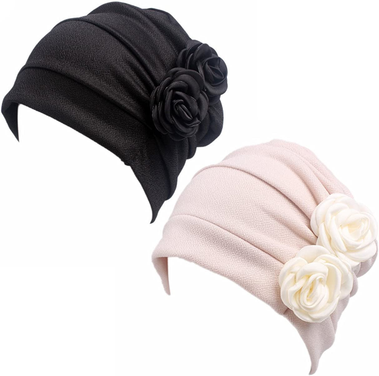 HONENNA Chemo Caps Headwear for Women Turbans Beanies Flowers Hats Headwrap for Cancer Patient Hair Loss Apparel & Accessories > Clothing Accessories > Headwear HONENNA Black+begie  