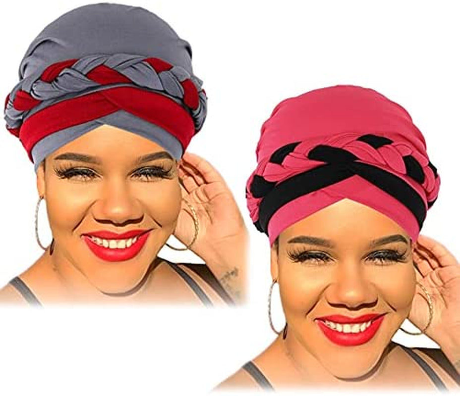 Woeoe African Head Wraps Stretch Braid Chemo Hat Cap Print Pre-Tied Head Turbans Headwear for Women and Girls Apparel & Accessories > Clothing Accessories > Headwear Woeoe Grey,rose Red  