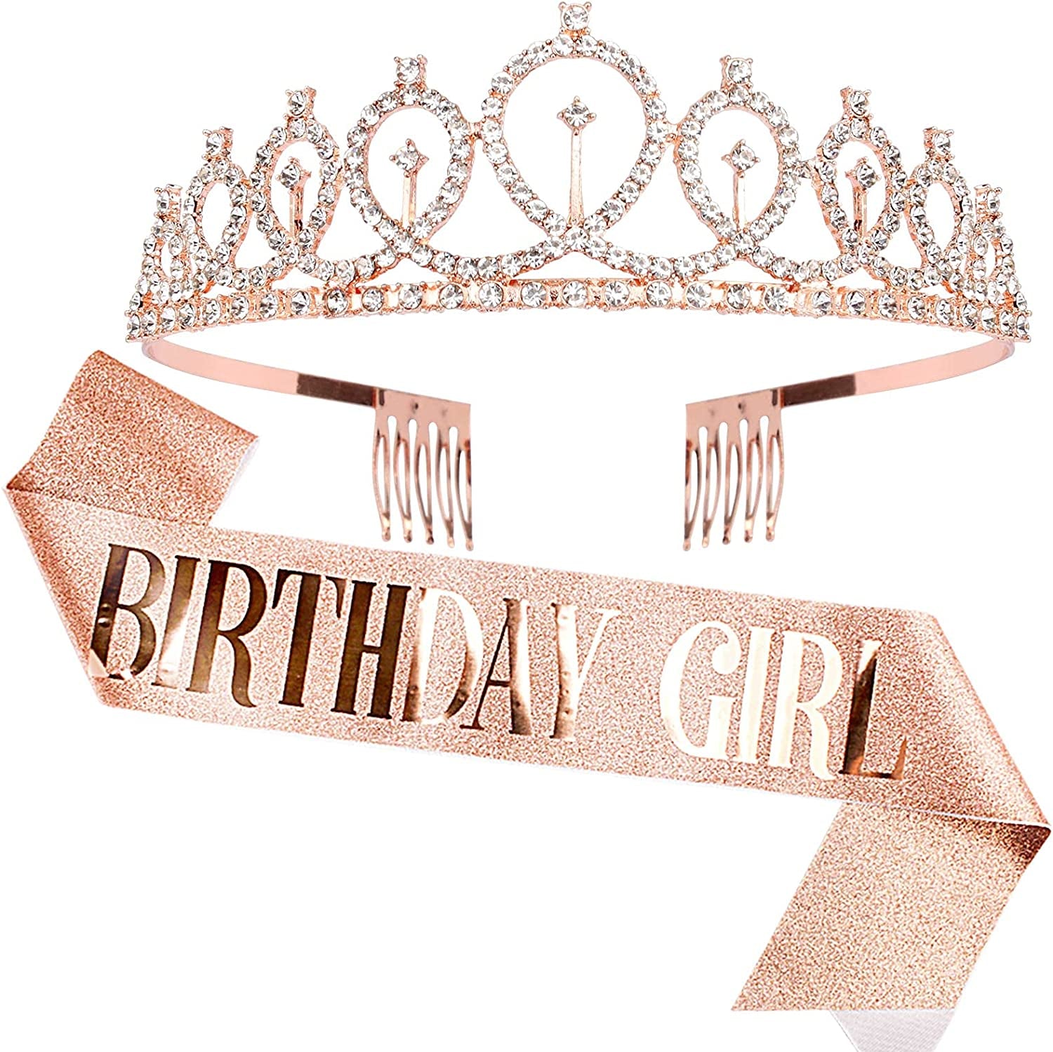 CAVETEE Birthday Crowns for Women Birthday Girl Sash & Rhinestone Tiara Set Birthday Tiaras and Sash for Women Birthday Glitter Birthday Decorations Rose Gold Birthday Girl Crowns Tiaras for Women Apparel & Accessories > Clothing Accessories > Sashes CAVETEE Rose Gold  