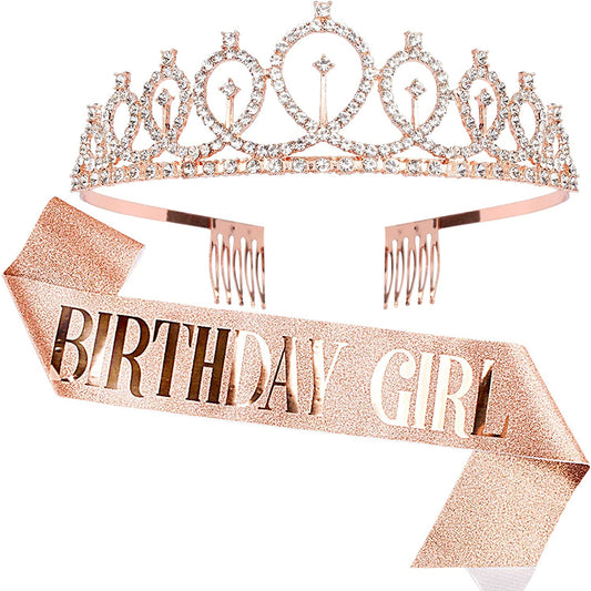 CAVETEE Birthday Crowns for Women Birthday Girl Sash & Rhinestone Tiara Set Birthday Tiaras and Sash for Women Birthday Glitter Birthday Decorations Rose Gold Birthday Girl Crowns Tiaras for Women Apparel & Accessories > Clothing Accessories > Sashes CAVETEE Rose Gold  