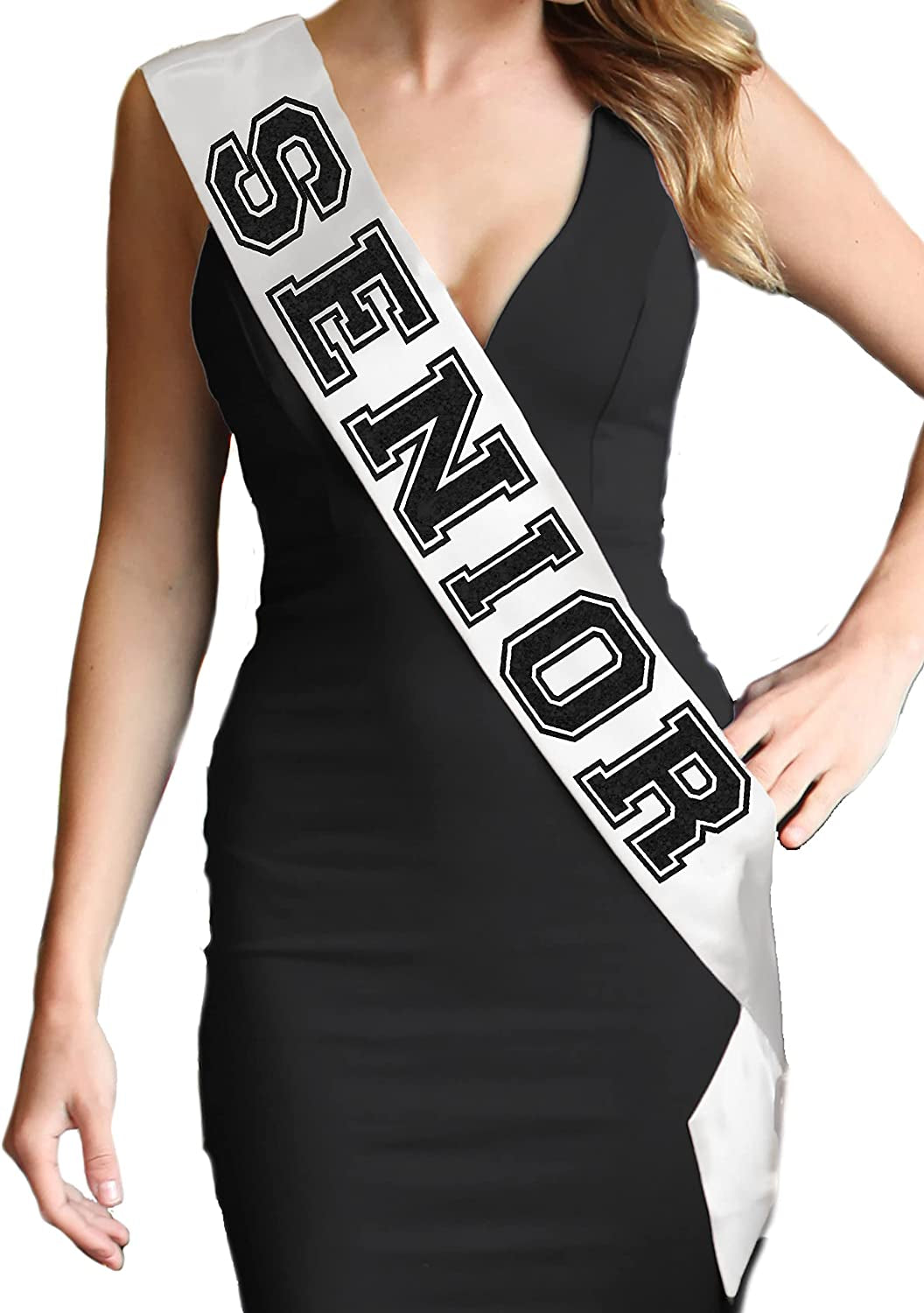 Senior Sash - Senior Night Party Decorations - Senior 2023 Party Sports Event Sash Cheer Dance Team Apparel & Accessories > Clothing Accessories > Sashes RhinestoneSash White (Black Senior)  