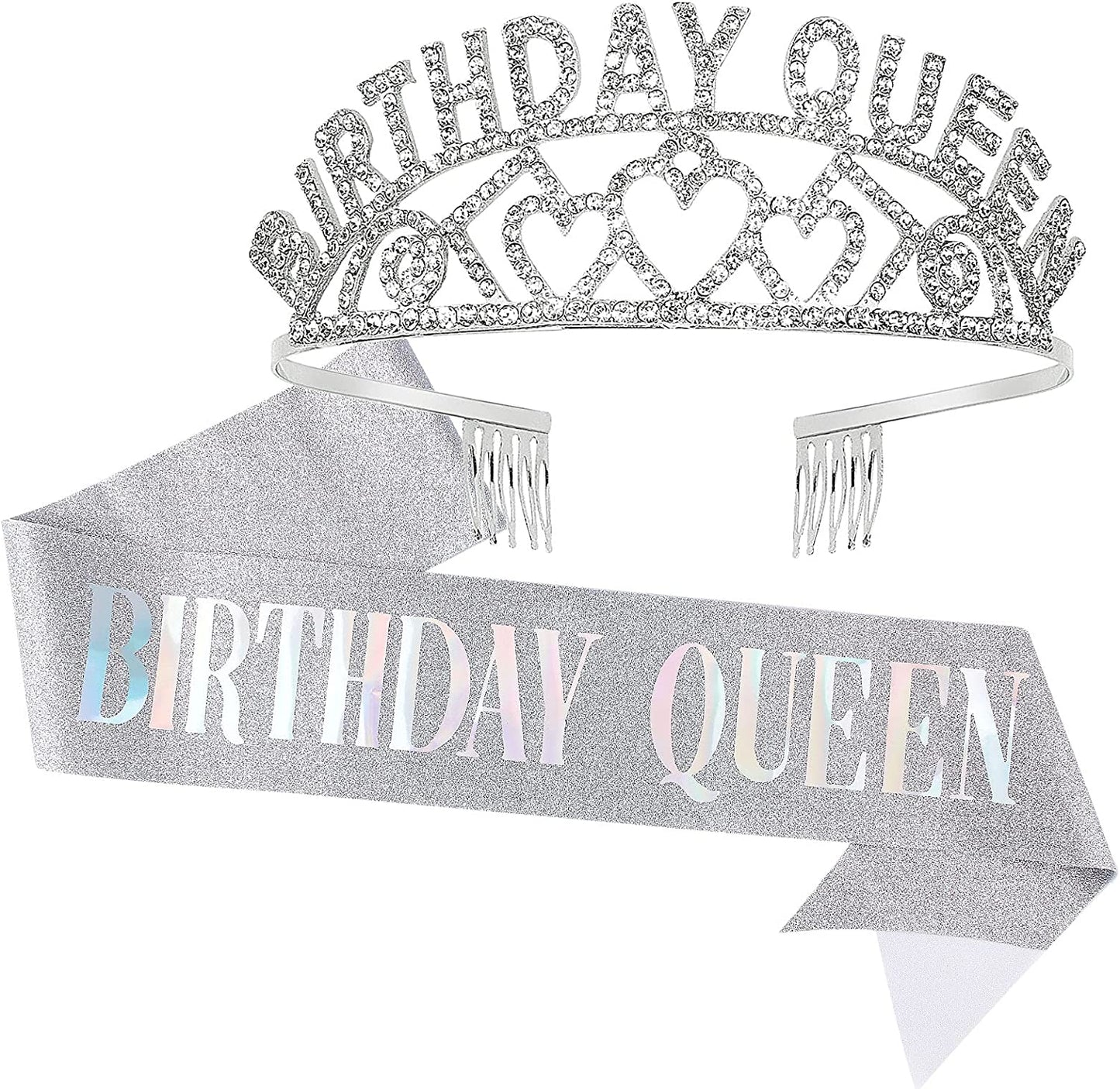 CAVETEE Gold Birthday Queen Rhinestone Tiara and Sash- Birthday Tiara and Sash Birthday Party Favors Glitter Birthday Decorations for Women（Multi Color Letter） Apparel & Accessories > Clothing Accessories > Sashes CAVETEE Silver Queen  